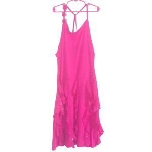 SELF ESTEEM girls x-large 14/16 hot pink floral ruffle sequin flowy halter dress